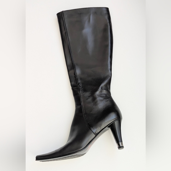 Sofia Italy Sleek Black Knee-High, Square-Toe Boots w/Silver Wrap Around 3" Heel - Picture 7 of 16